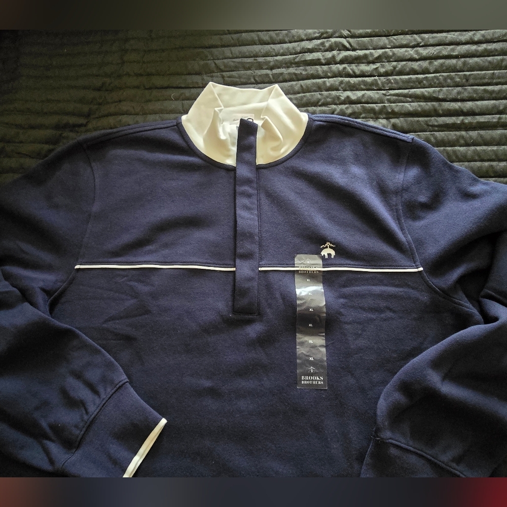 Brooks Brothers Rigby Style Shirt XL Navy Blue & White Collar/Trim With Logo